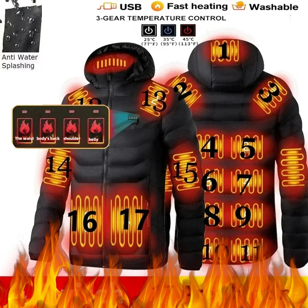 Chaqueta calefactora de 17 zonas para hombre, chaqueta de invierno con calefacción eléctrica USB de Color sólido a prueba de frío para viajes al aire libre, chaqueta con capucha, Parka para hombre