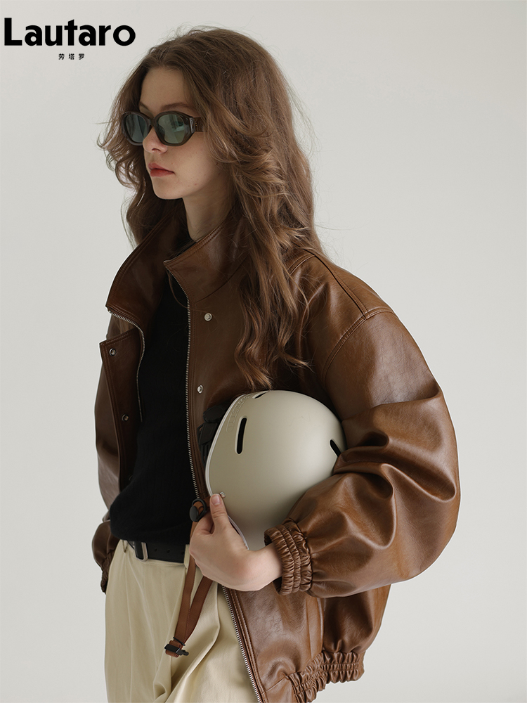 Lautaro-Chaqueta Bomber de piel sintética de gran tamaño para mujer, ropa unisex, con cremallera, marrón, negro, lujo, diseñador, primavera, otoño