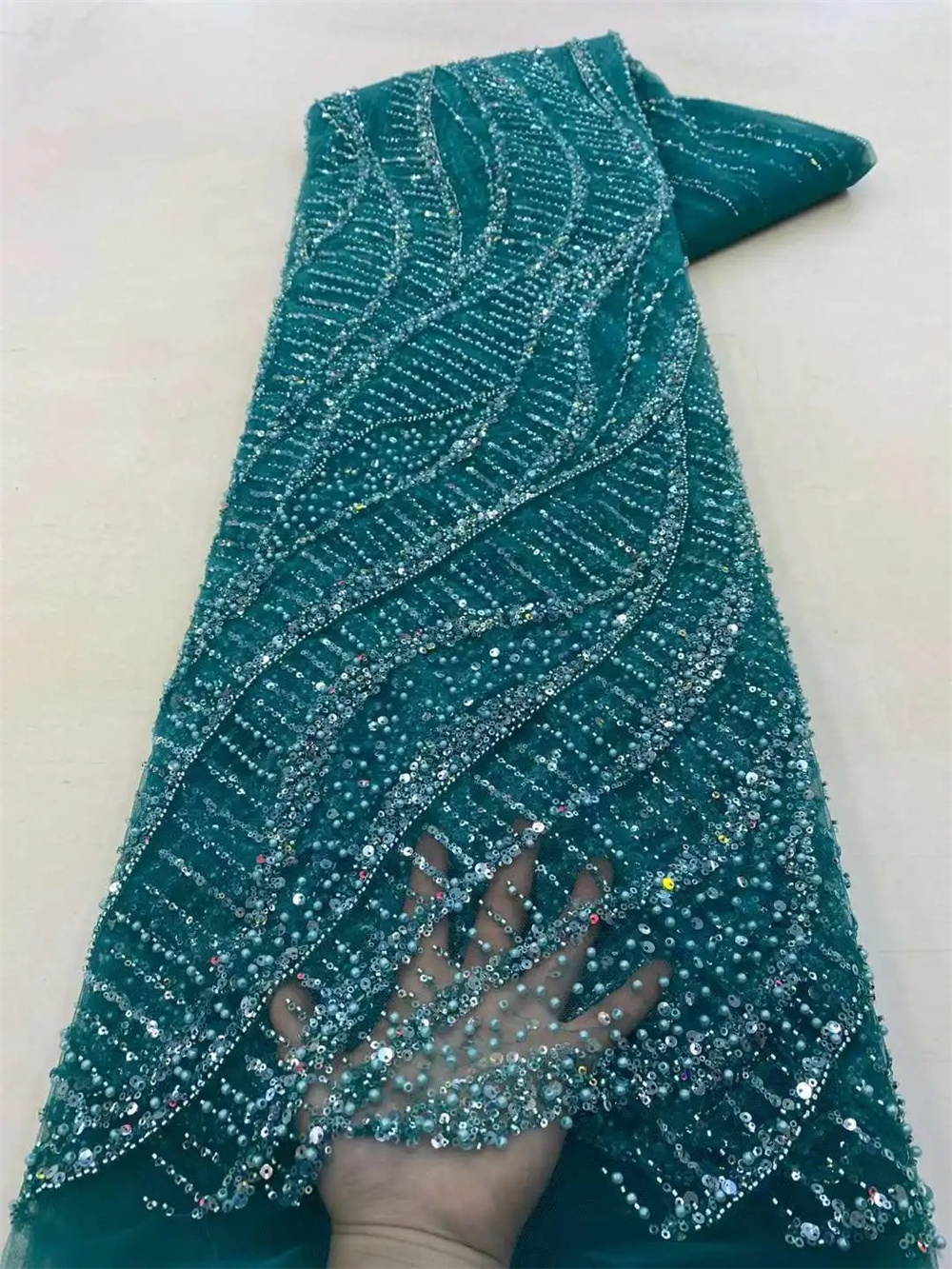 Wholesale 2025 African Sequins Beads Lace Fabric  5 Yards High Quality French Mesh Tulle Embroidery Wedding Bridal Lace