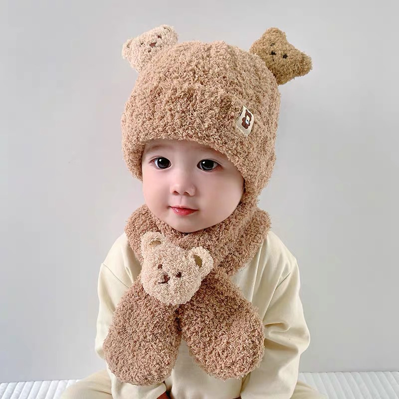 Baby Hat Scarf For Girls Boys Winter Warm Set Cartoon Bear Cold-proof Clothing For Kids Children Stuff Brimless Cap Scarf
