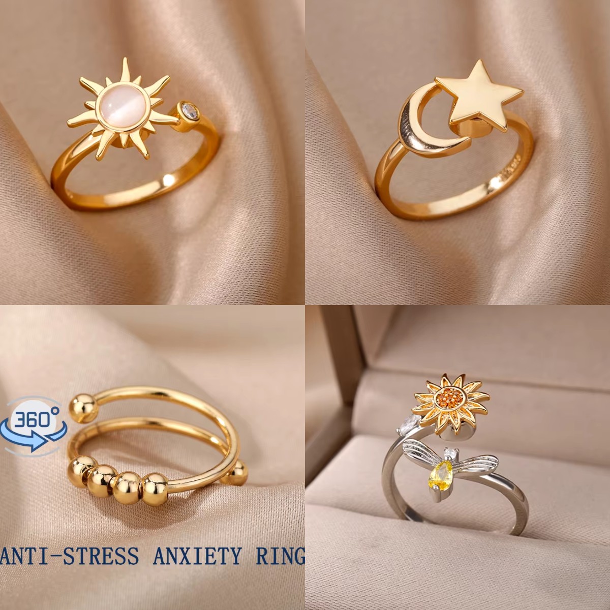 Anéis antiestresse e ansiedade para mulheres, aço inoxidável, girassol, sol, estrela, giratório, joias de natal, presentes, dropshipping