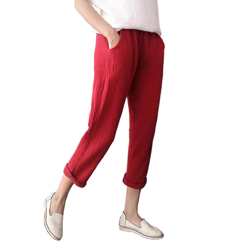 2026 Spring Women Solid Linen Pencil Pants Soft Comfortable Cotton Trousers With Pockets Black Brown Red White Pants Vintage