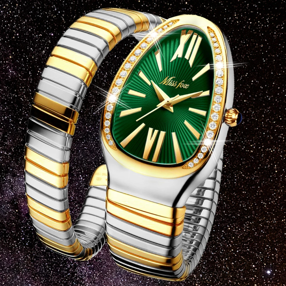Relógio clássico em forma de cobra para mulheres, pulseira escalável dourada e prateada, relógios femininos com diamantes brilhantes, relógio de pulso de quartzo para mulheres