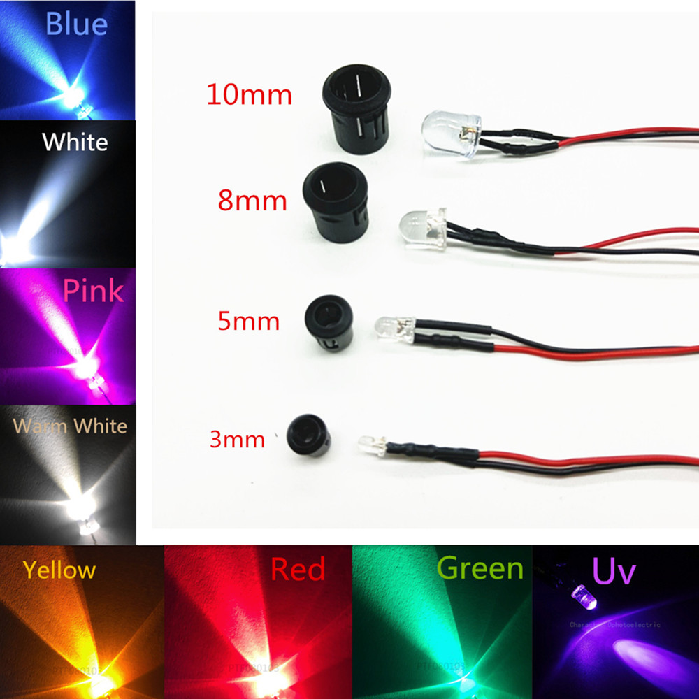 Diodi LED trasparenti da 20 pezzi DC3V 5V 12V 24V 3MM 5MM 10MM per pre-cavo rosso/verde/blu/giallo/UV/arancione/rosa/caldo/bianco/RGB