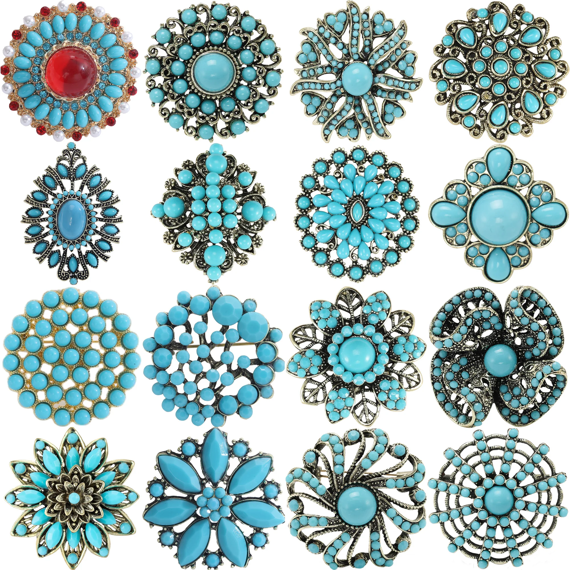 Broches de flores turquesa para mulheres, unissex, estilo tibetano, alfinetes azuis turcos, festa de escritório, presentes para amigos, acessórios para joias