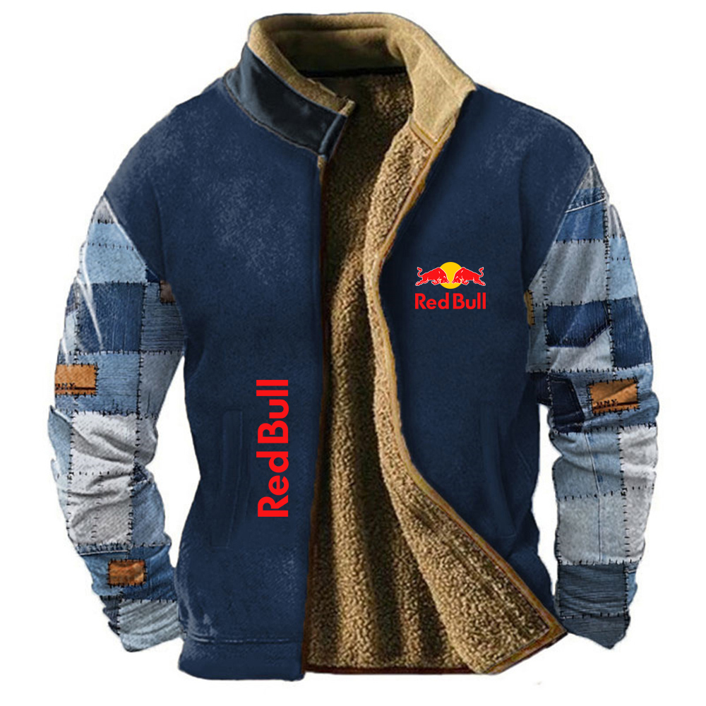 Осенне-зимняя уличная мужская верхняя одежда на меховой подкладке Red Bull, мужская теплая куртка, внутренняя подкладка, свободный кардиган на молнии, толстовка, co