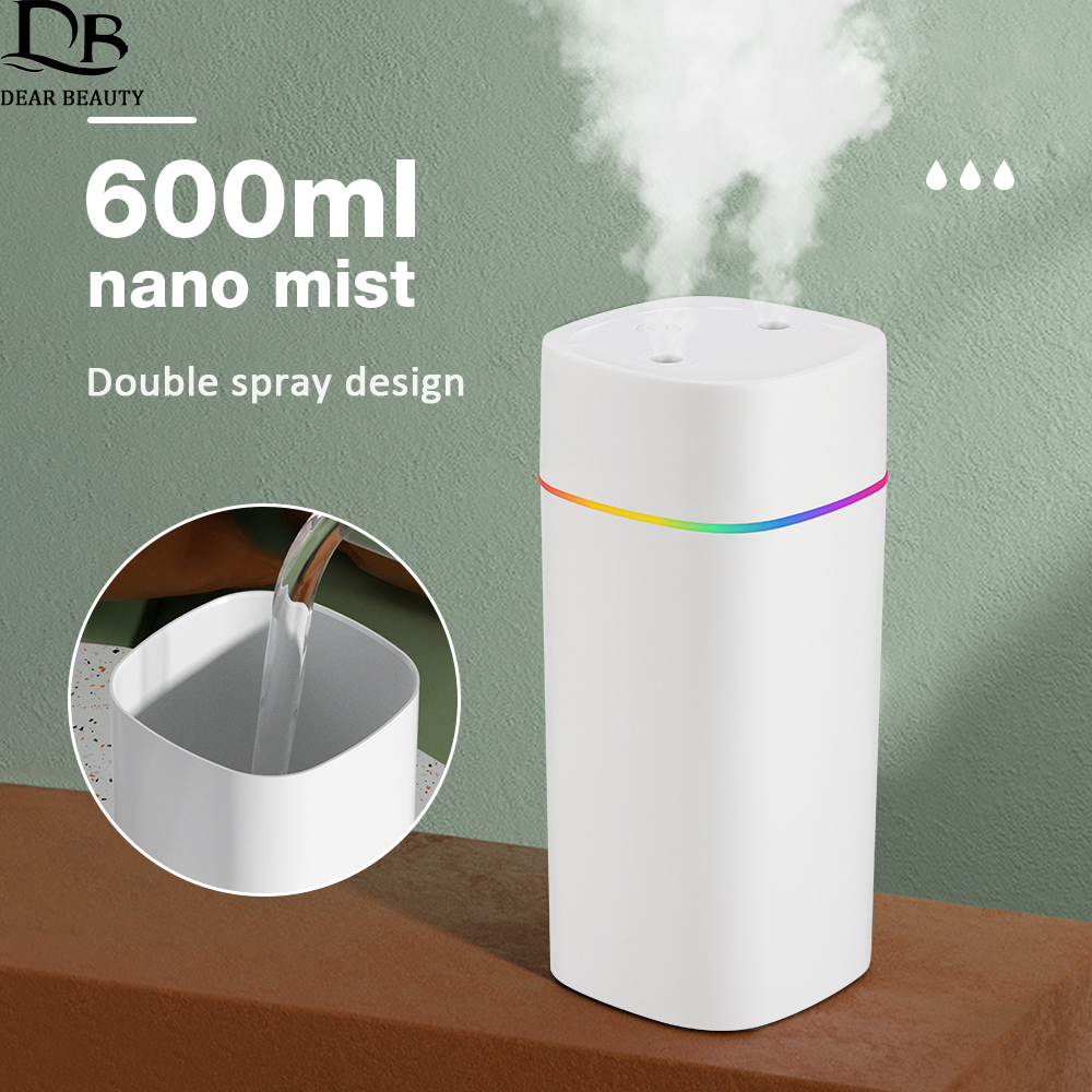 Humidificador de aire con doble puerto de pulverización, difusor de aceite esencial de aromaterapia, atomizador silencioso, luces de colores para el hogar, la Oficina y el coche, 600ML