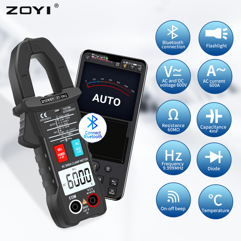 Цифровой Bluetooth мультиметр ZOYI, устройство для измерения напряжения, 6000 отсчетов, True RMS, DC/AC, тестер переменного тока, Гц, Емкость Ом