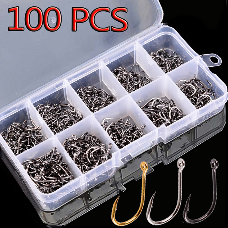 Set di ami da pesca 100 pezzi scatola 10 serie amo da pesca a cerchio singolo in acciaio ad alto tenore di carbonio pesca a mosca ganci per carpa spinati Jip