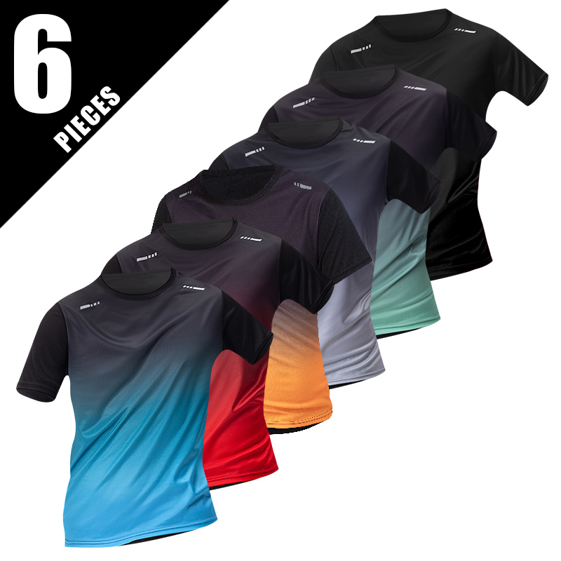 Setelan Olahraga Pria Musiman 1/2/4/6 Potong, Gaya Sporty Gradasi Warna, Cepat Kering, Multiwarna, Atasan Lengan Pendek Kasual, Celana Pendek Hitam untuk Lari