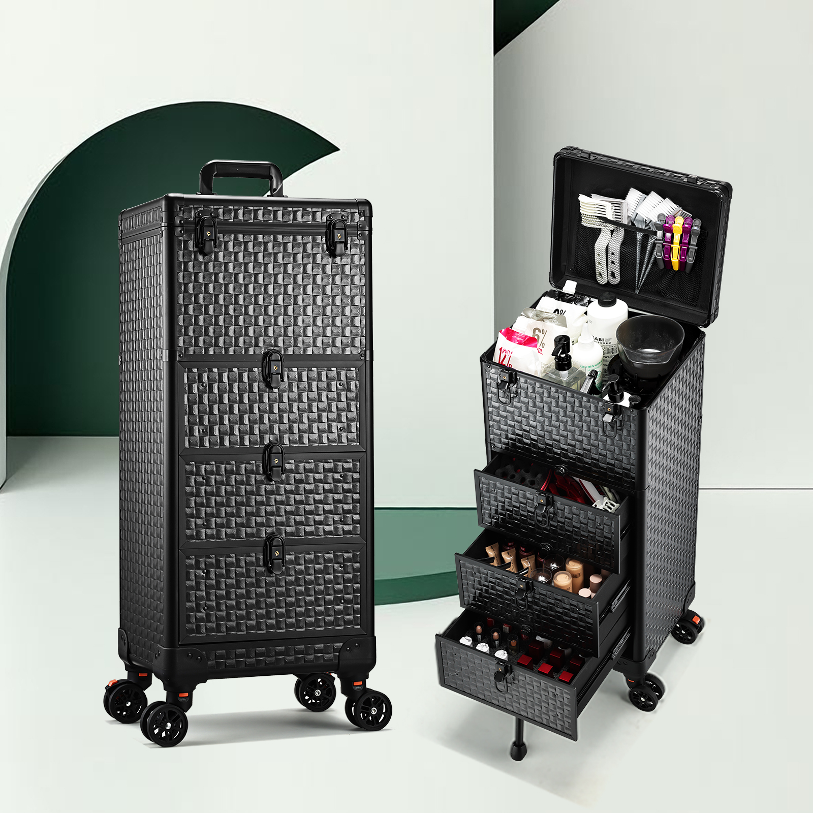 Maleta de Maquiagem Profissional com 3 Gavetas Grandes, Maleta de Cosméticos com Rodas, Carrinho de Salão, Maleta de Maquiagem com Rodas, Carrinho Organizador de Ferramentas de Barbeiro, Carrinho de Manicure com Rodas para Cabeleireiro e Maquiador