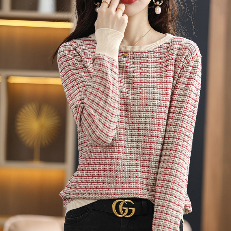Pull doux à col rond pour femme, vêtement chaud, décontracté, à rayures contrastées, 100% coton, collection automne et hiver