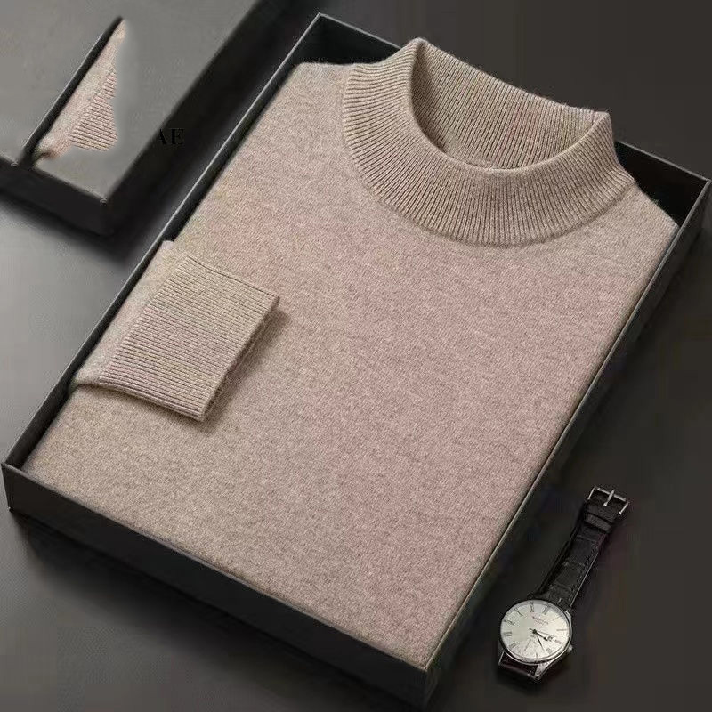 2023 Otoño e Invierno moda Simple medio cuello alto grueso cálido Color sólido suéter de punto con suéter inferior de cachemira para hombres