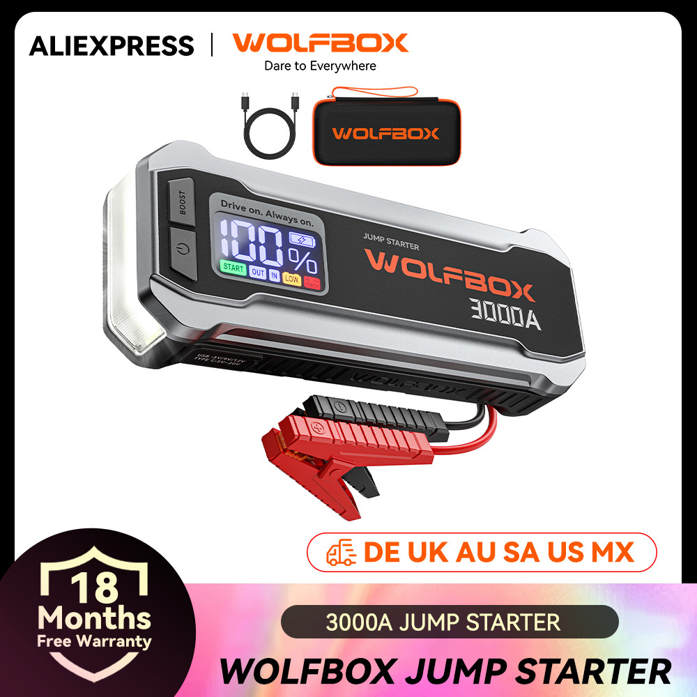 WOLFBOX 3000Amp Auto Jump Starter Booster Batterij Jumper Power Bank Snellader