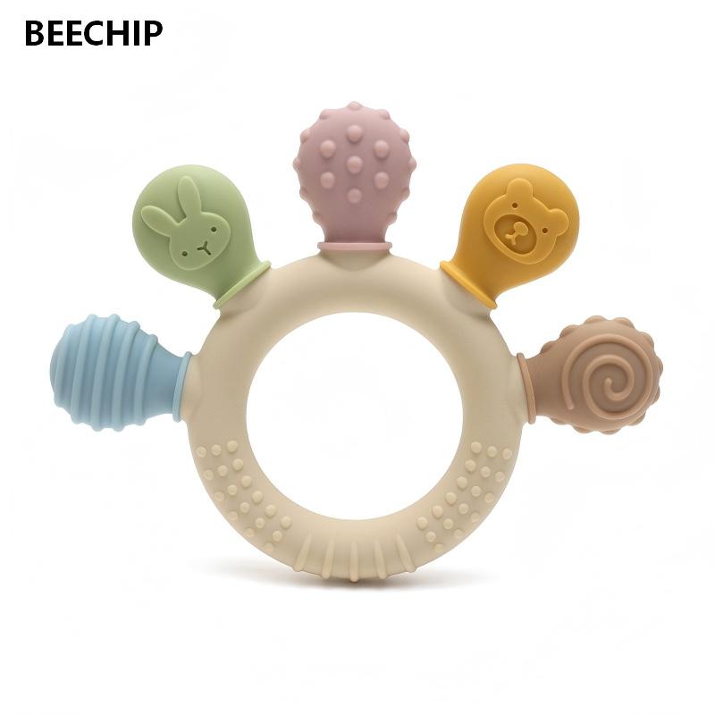 New hand multicolor Silicone Baby Ring Teether Anxiety Teething Toys 0-12 Months Chew Beads Sensory Gum Relief Soother Baby