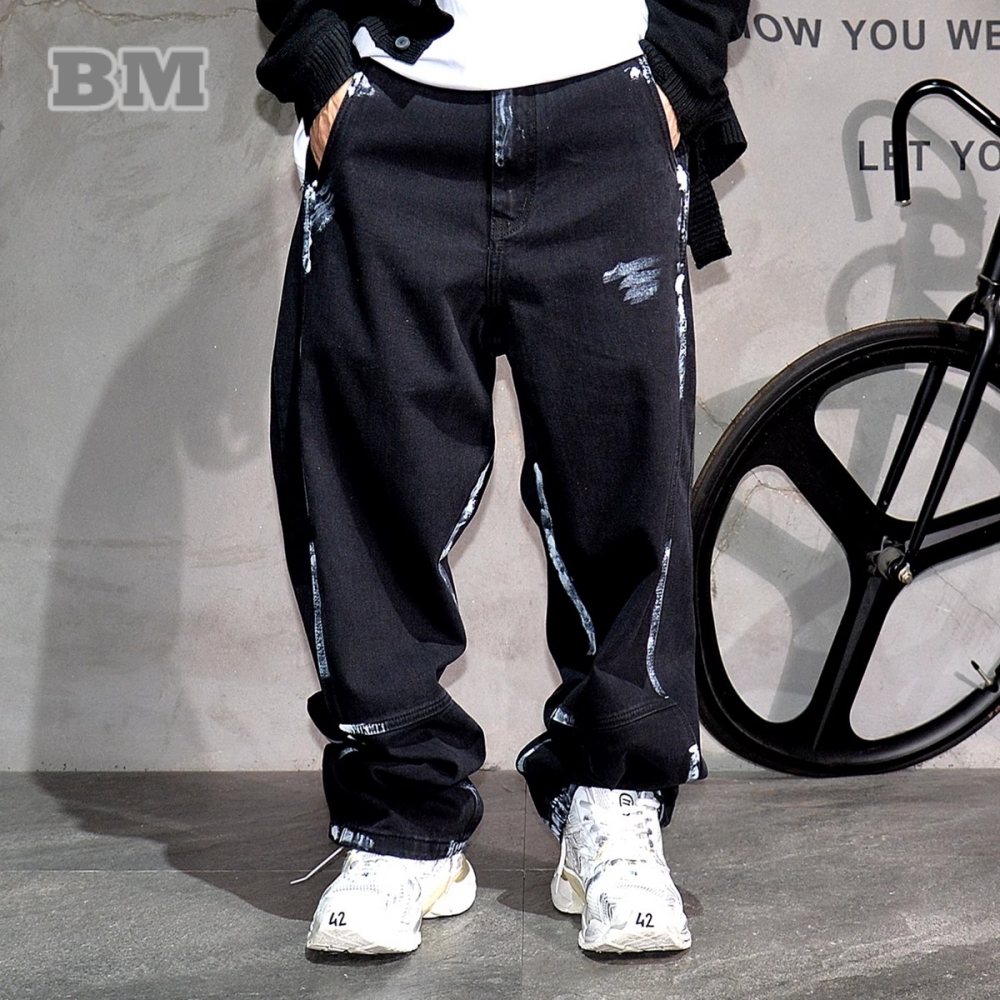 Wysokiej jakości Streetwear Splash Paint męskie dżinsy główna ulica Hip Hop deskorolka spodnie dżinsowe koreańska moda czarne spodnie męskie
