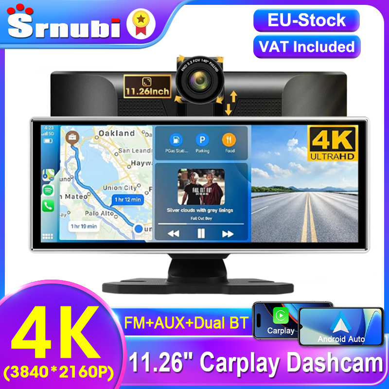 Srnubi 11.26 "Cam de tableau de bord rétroviseur Carplay Android Auto 4K DVR lecteur de Navigation double objectif enregistreur tableau de bord WIFI BT AUX GPS FM