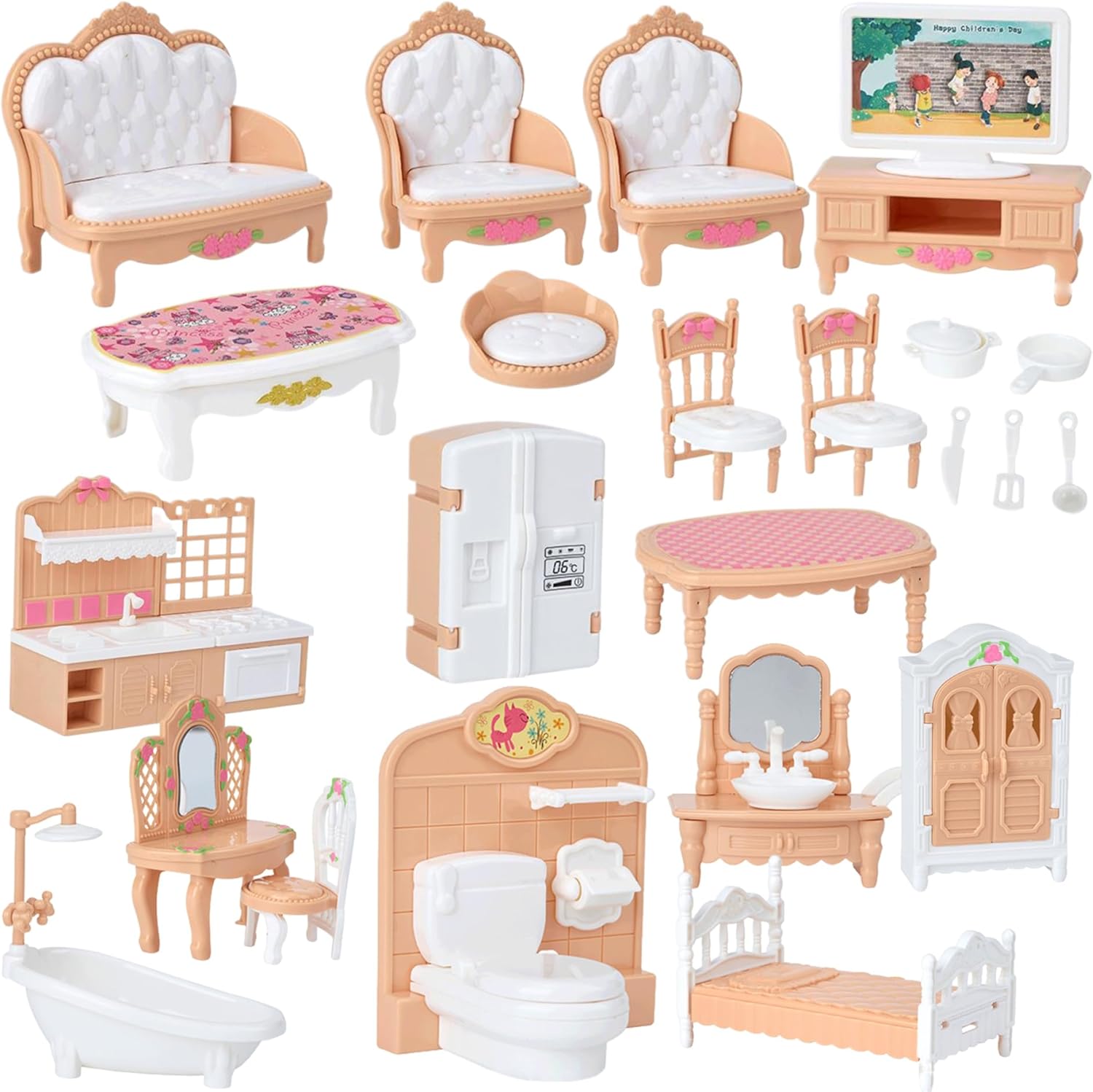 Miniaturowe meble do domku dla lalek: kuchnia, salon, sypialnia, łazienka, meble do domku dla lalek, zabawa w udawanie, miniatury do domku dla lalek.