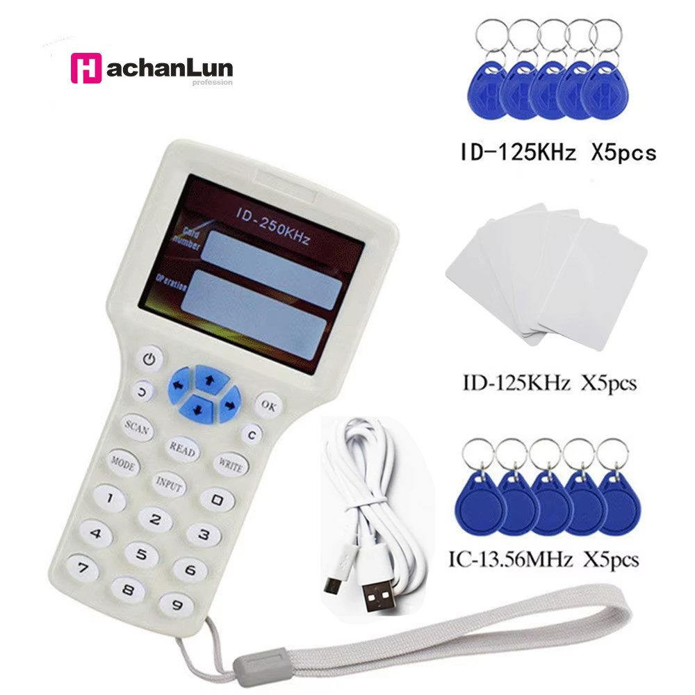 Lector RFID de 10 frecuencias en inglés, copiadora, duplicador IC/ID con Cable USB para tarjetas de 125Khz y 13,56 Mhz, duplicador de pantalla LCD