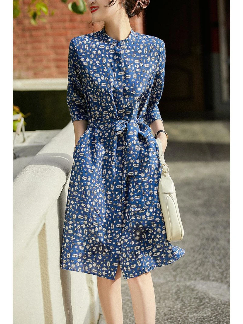 Schweres Seidenkleid 2024, Sommer, neues bedrucktes Stehkragen-Seidenhemd-Stil, Damenkleid, Maulbeerseidenkleid, Sommer