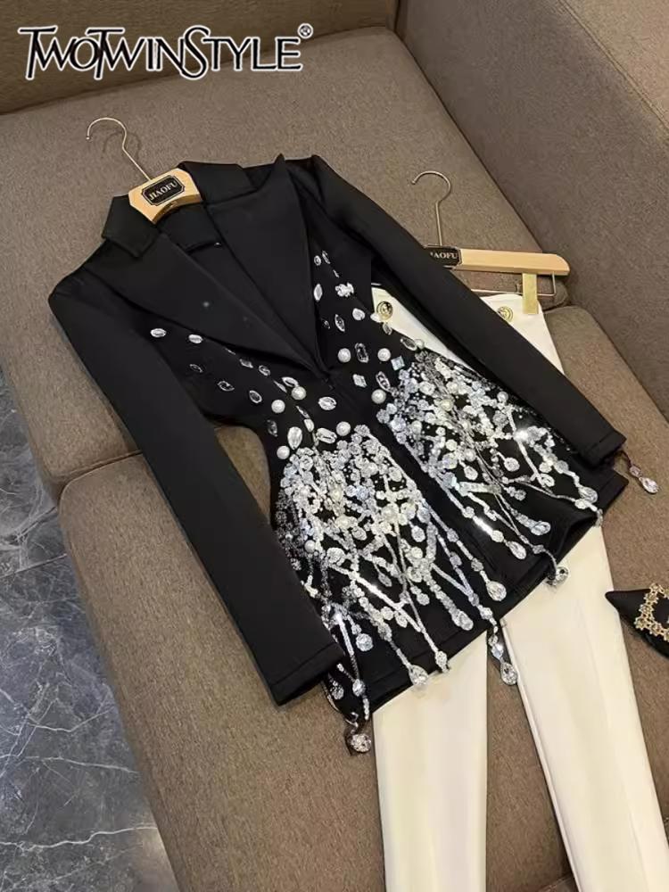 TWOTWINSTYLE Solid High Street Spliced Diamonds Jurk Voor Vrouwen Revers Lange Mouw Avond Jurken Vrouwelijke Mode KDR8A0406