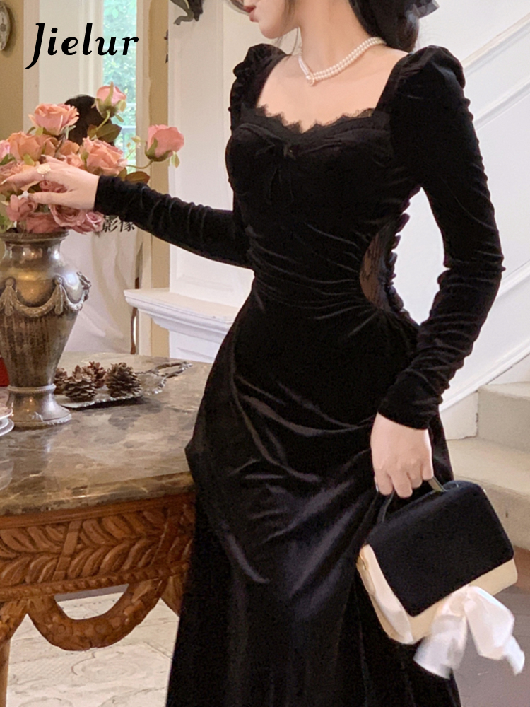 Jielur Gothic Vintage Balck Long Sleeve Dress Women Fashion Velvet Midi Dress Female Korean Slim Even Party Elegant Lady Dresses