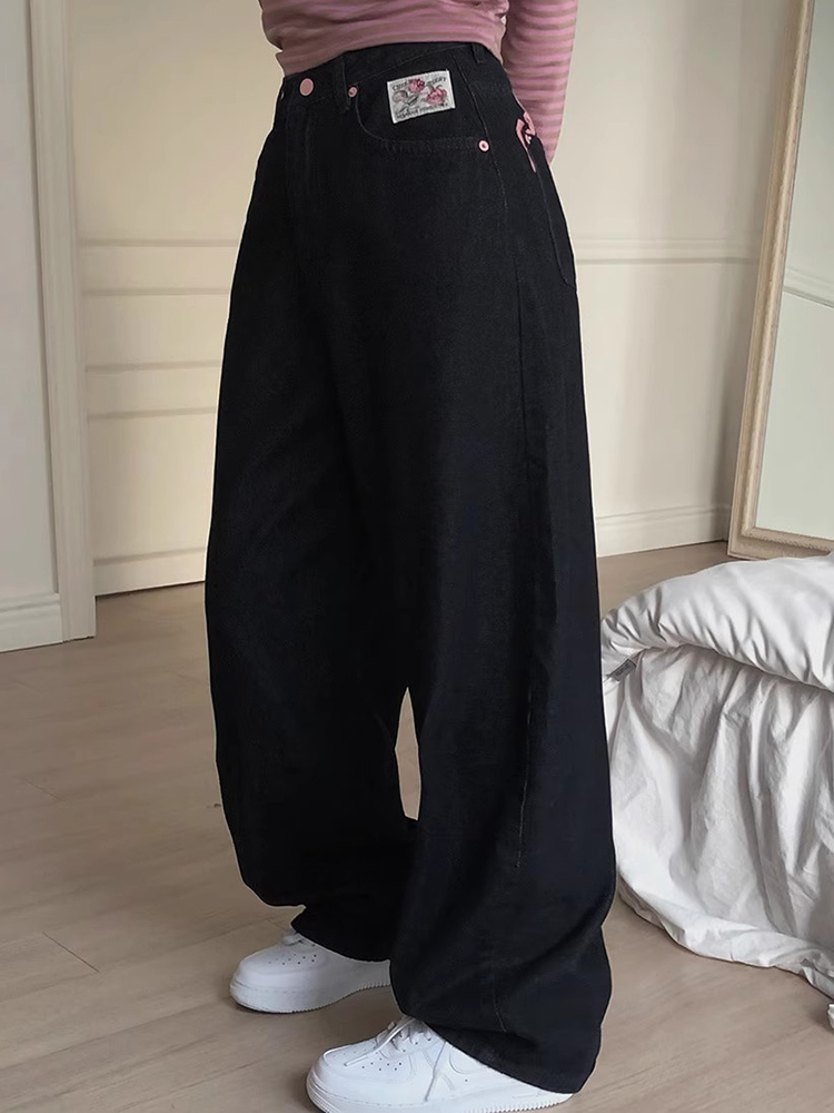 Sli High Waist Slimming Long Denim Jeans Women's Spring New Sweet Cool Spicy Girl Embroidered Letter Print Casual Wide Le...
