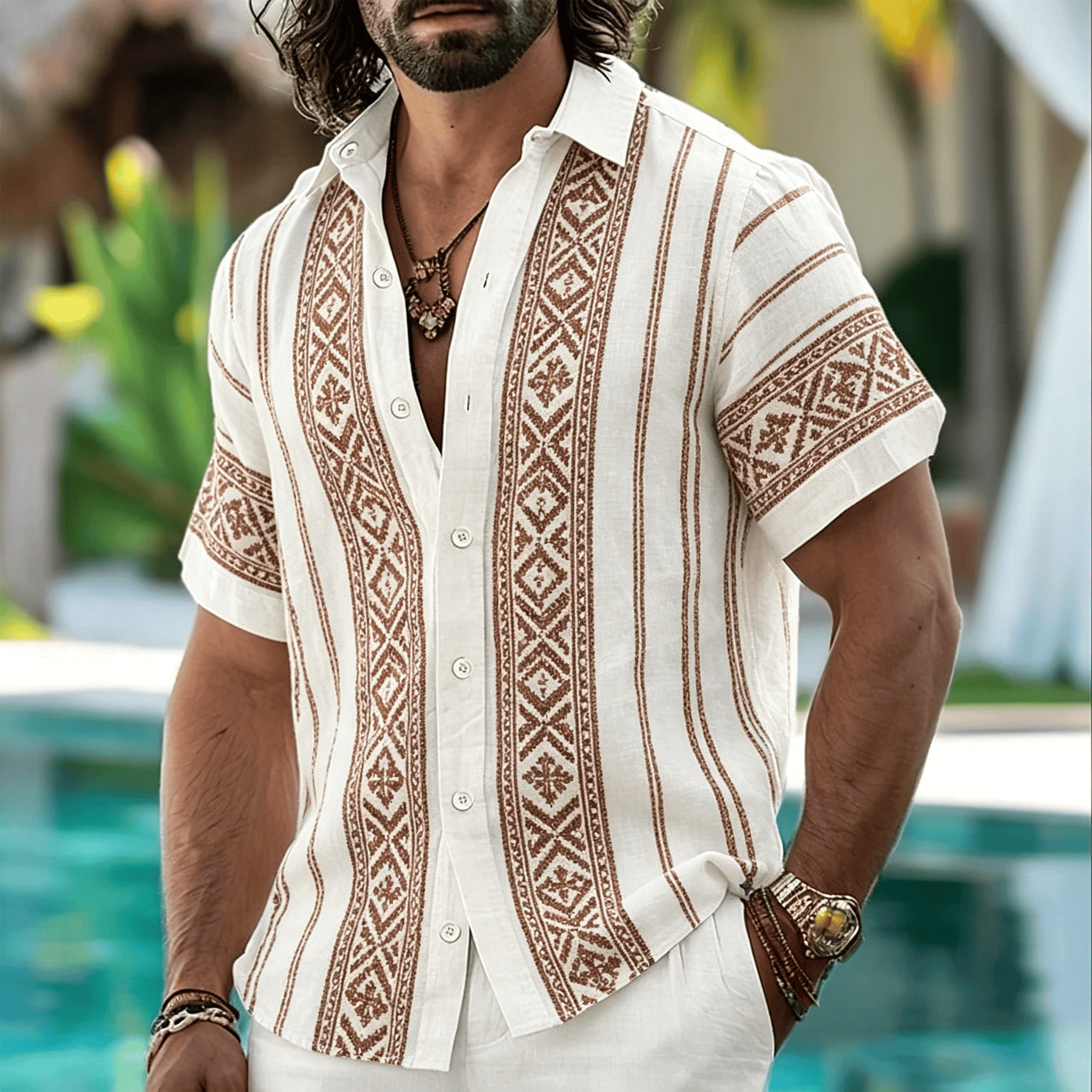 Kemeja Pria Bermotif Geometris Tribal, Gaya Bohemian, Kasual untuk Musim Semi dan Musim Panas