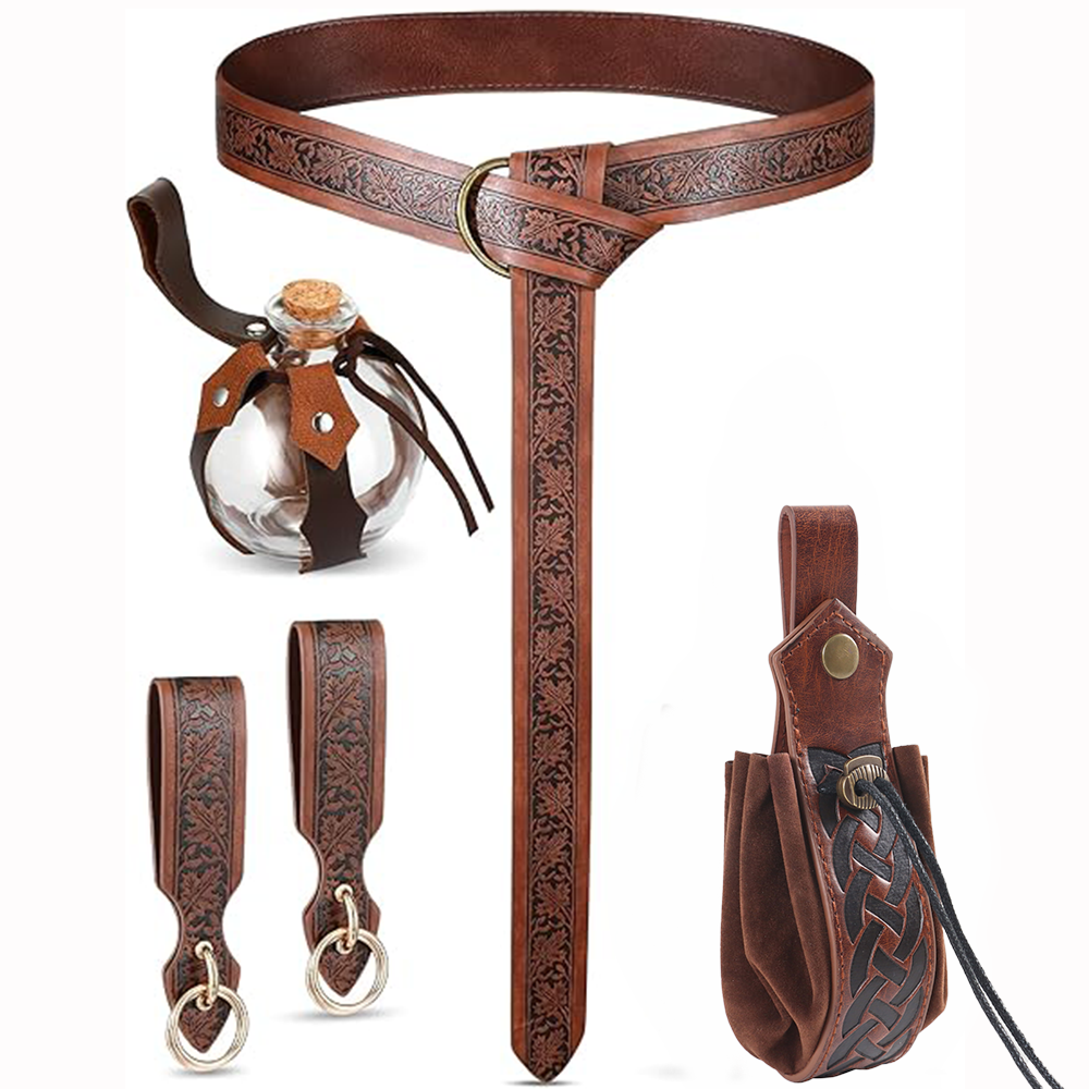 5 pièces accessoires Renaissance médiéval Viking en relief ceinture en cuir PU sac de taille sangle suspendue Potion bouteille Cosplay Halloween