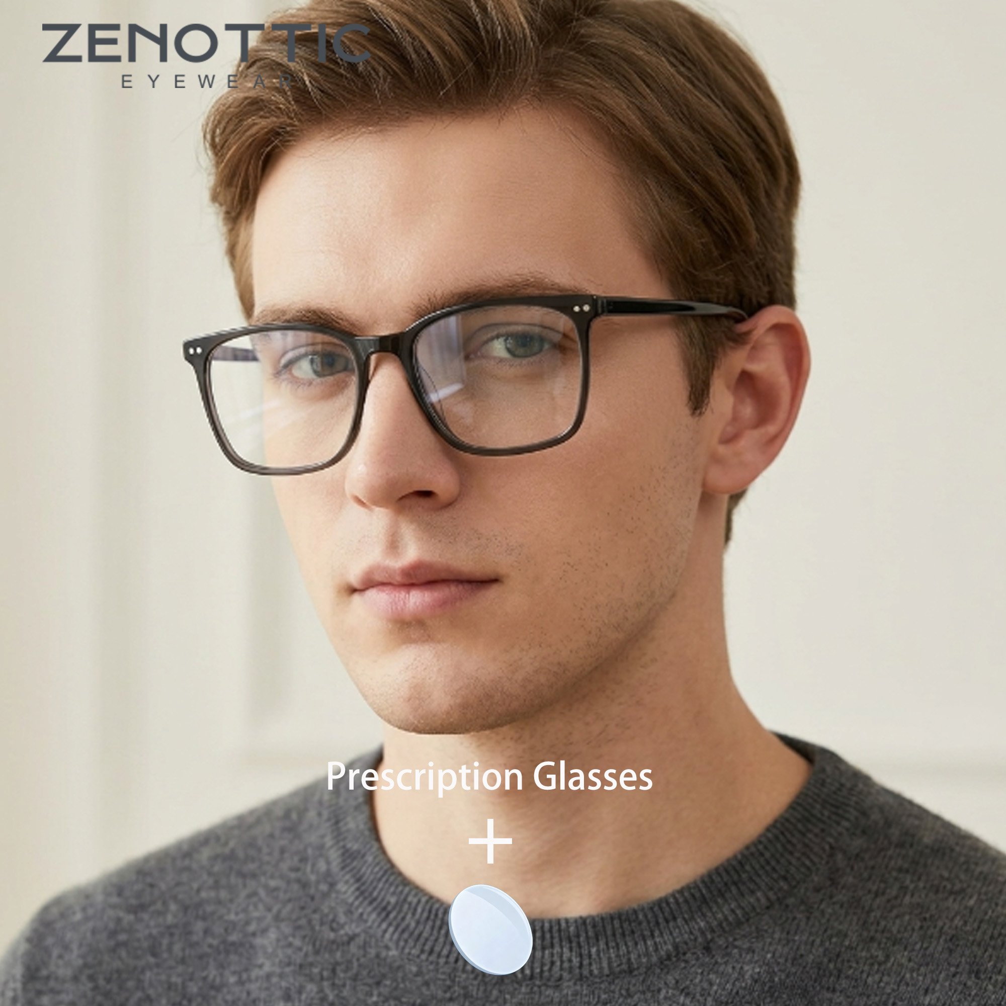ZENOTTIC Óculos masculinos retangulares de acetato, tamanho S, para prescrição óptica, miopia progressiva, anti luz azul, óculos polidos