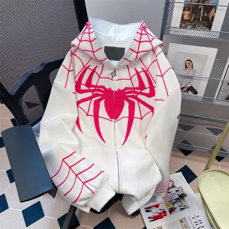Sudadera con capucha de araña flocada para hombre y mujer, abrigo de estilo gótico con cremallera completa, sudadera y2k, Hip Hop, primavera y otoño, nuevo