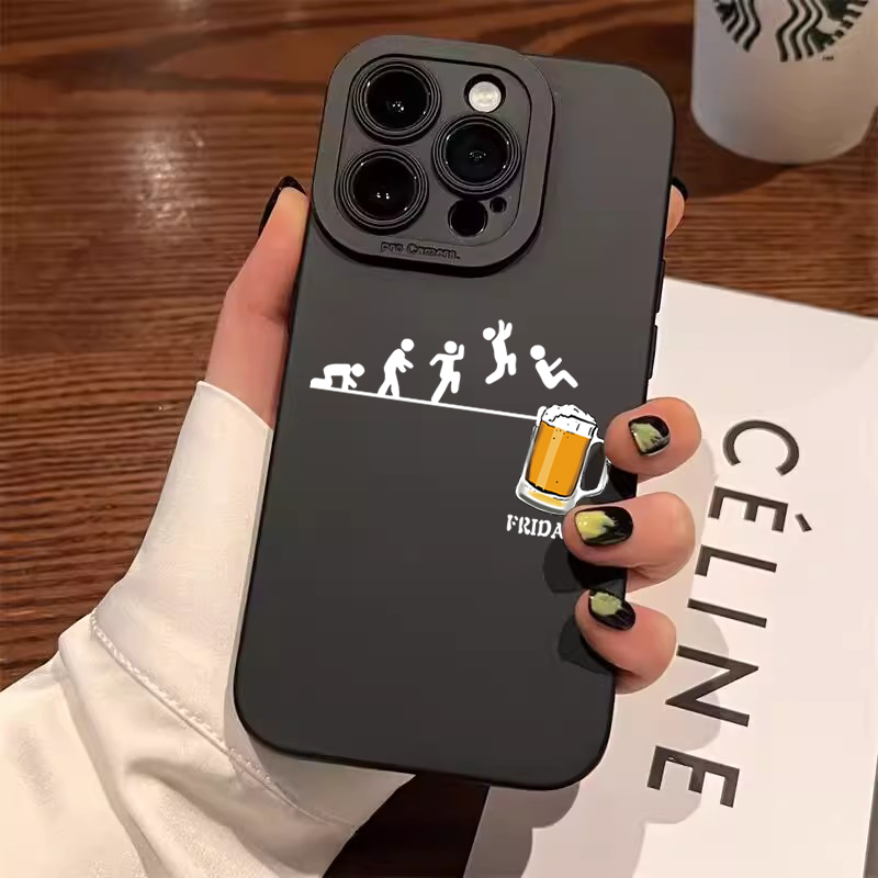 Czarny, zabawny, piwny silikonowy futerał na telefon iPhone 11 12 13 14 15 16 17 Air Pro Max 7 8 Plus X XR XS 16E, matowa, miękka obudowa na tył.