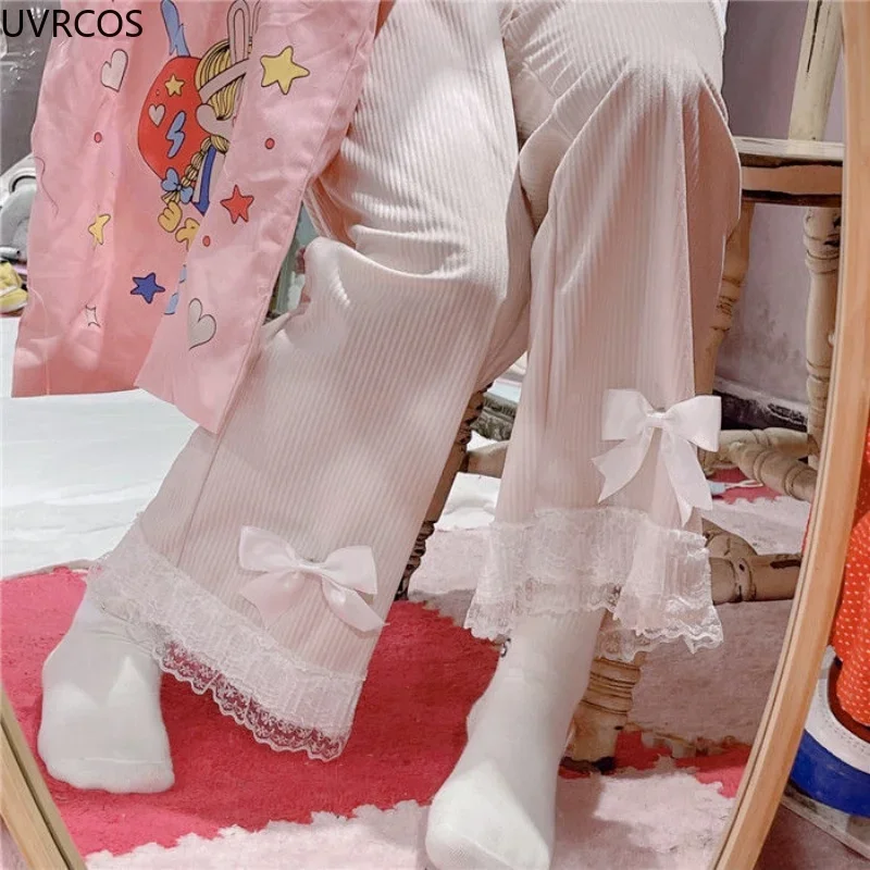 Rosa japonês doce lolita das mulheres kawaii cintura alta calças de veludo arco rendas calças largas perna y2k roupas casuais solto bonito