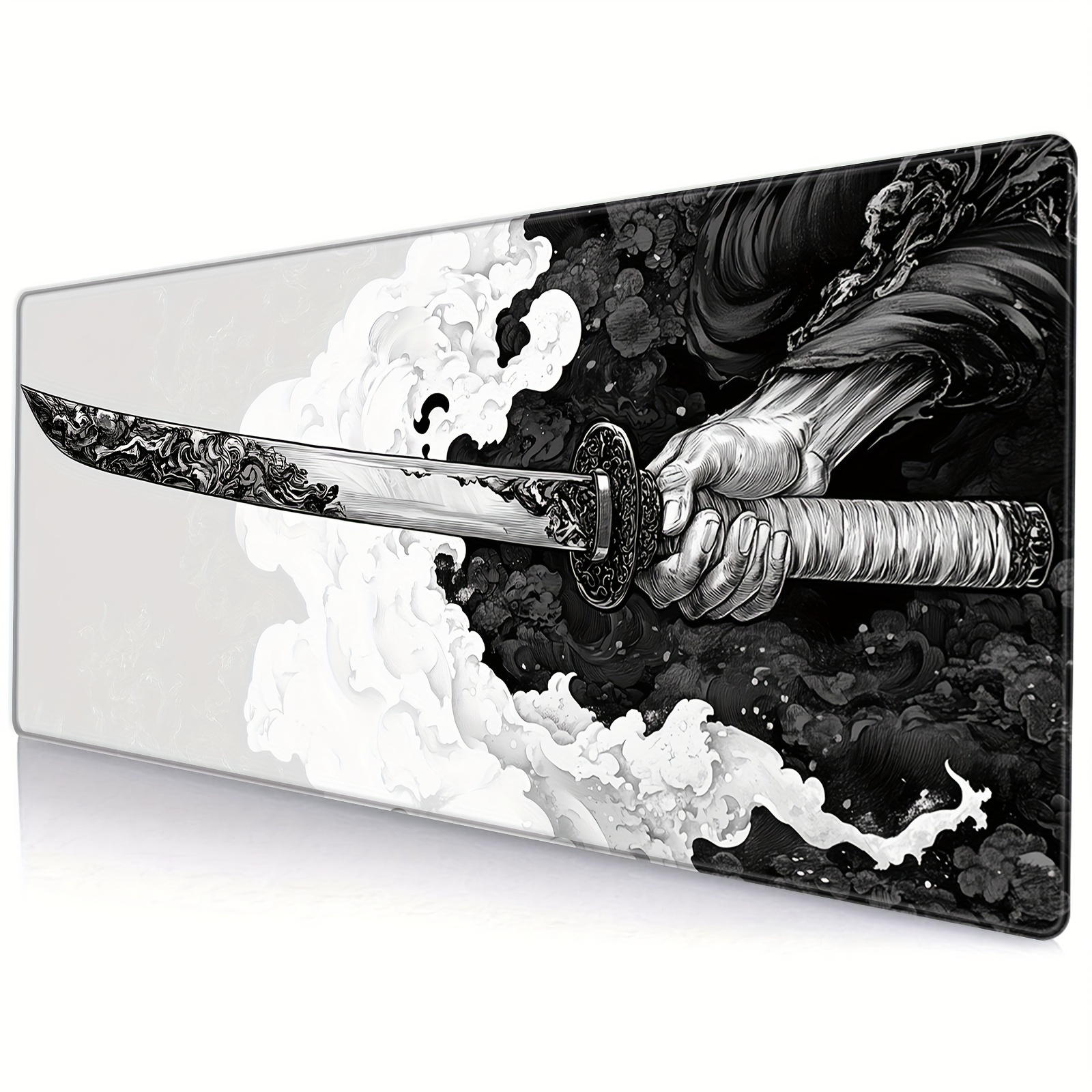 Mouse pad gaming yang diperluas dengan desain samurai Jepang, kebesaran, tepi jahitan, dapat dicuci, sol karet anti selip, 31,5x11,8 inci