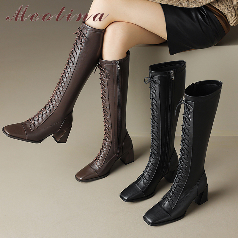 Meotina-Bottes hautes en cuir véritable pour femme, chaussures carrées à talons hauts avec fermeture éclair et à lacets, collection automne et hiver, 40