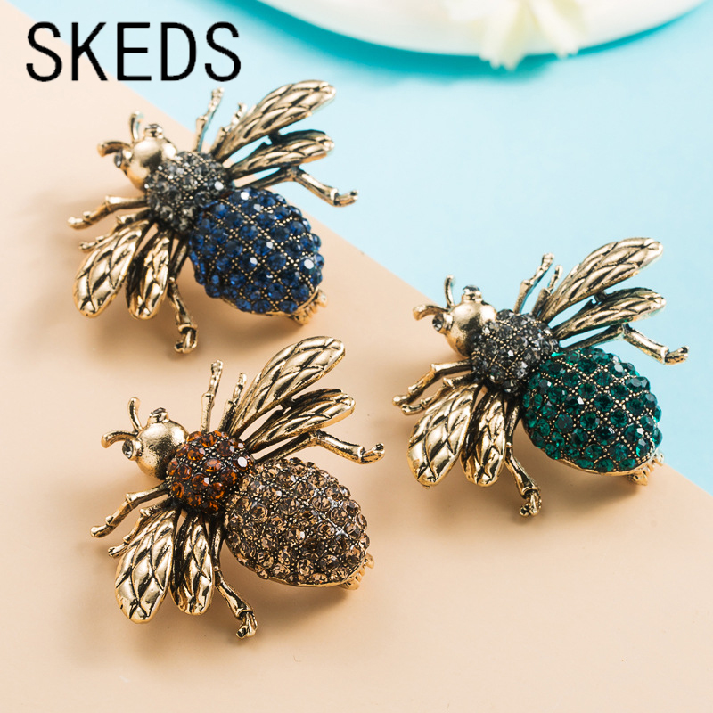 SKEDS Vintage Exquisite Bee Rhinestone Brooches For Women Fashion Shiny Insect Brooch Pin Cute Badges Clothing Suit Corsage