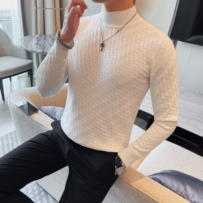 Suéter tejido Jacquard de cuello medio alto para otoño e invierno para hombre, nuevo suéter de punto ajustado de manga larga, jerséis 4XL-M para hombre