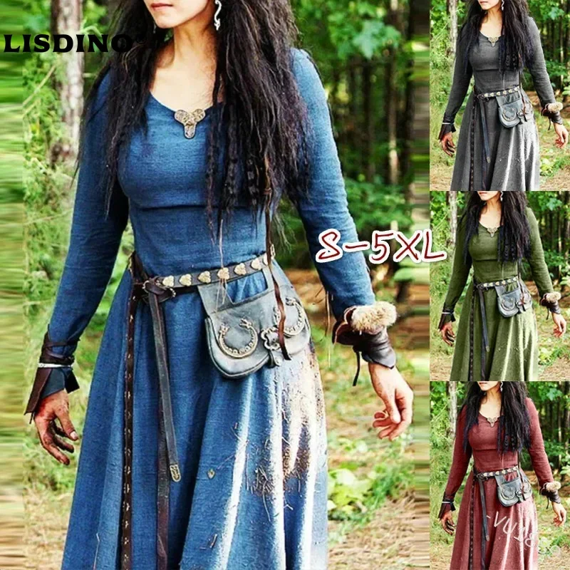 Retro Vintage Medieval Renaissance Dress Cosplay Costume Tunic Dress Viking Ranger Elven Women's Celtic Viking Halloween