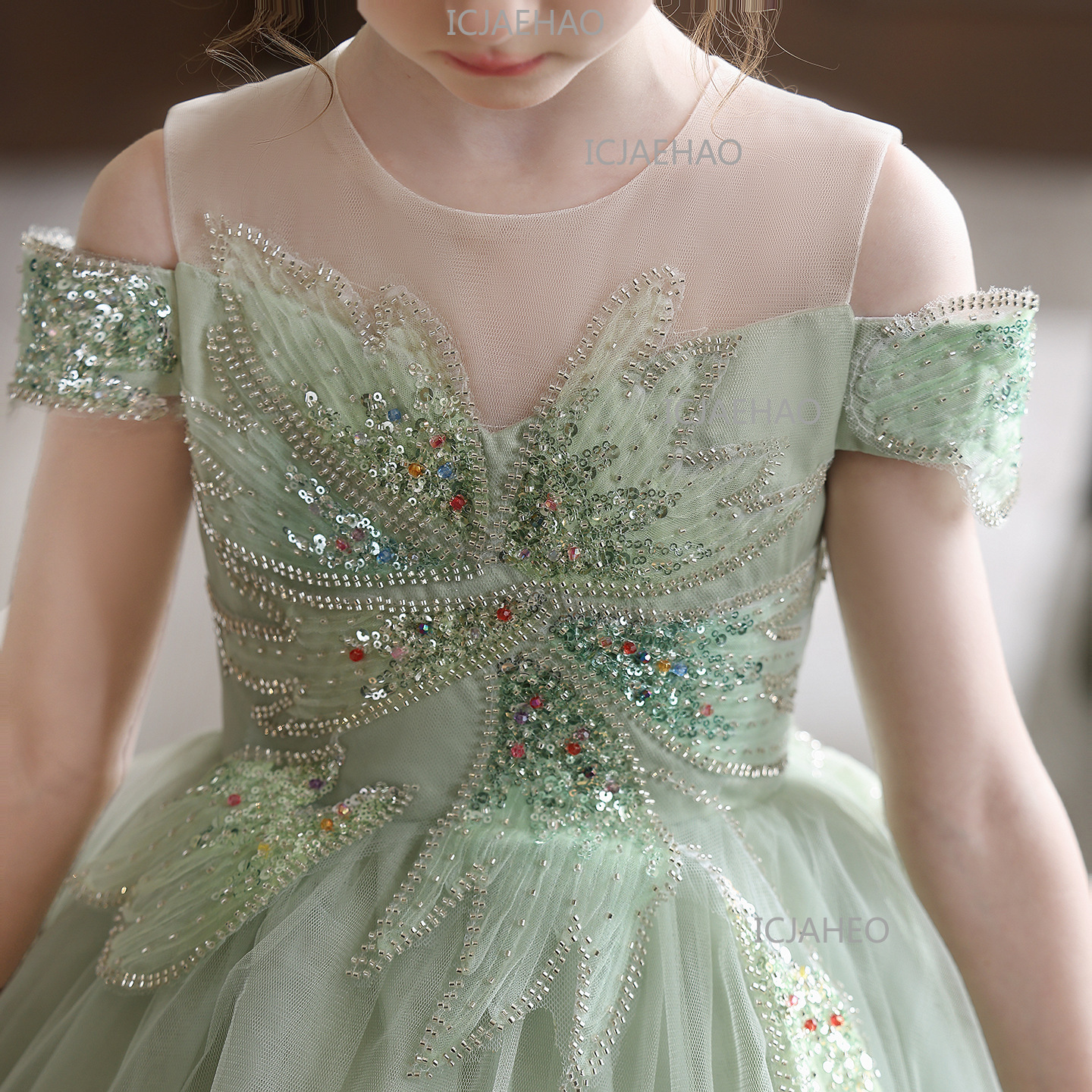 Mädchen Prinzessinnenkleid Grün Aufführungsoutfit Geburtstagsfeier Bankett Kleid 3D Blumendesign Formelles Kleid für Kinder Moderatorin Klavier