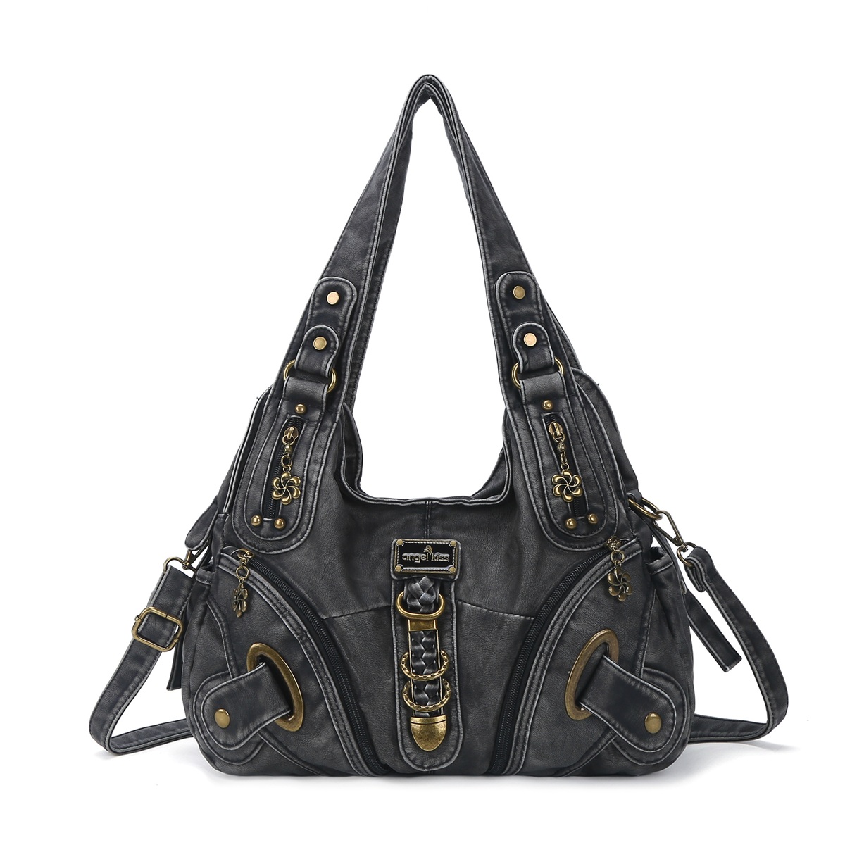 Angel Kiss Grote Vintage Zwarte Handtas Damesmode Schoudertas Top-Handle Satchel Dumpling Pack Multi-Pocket