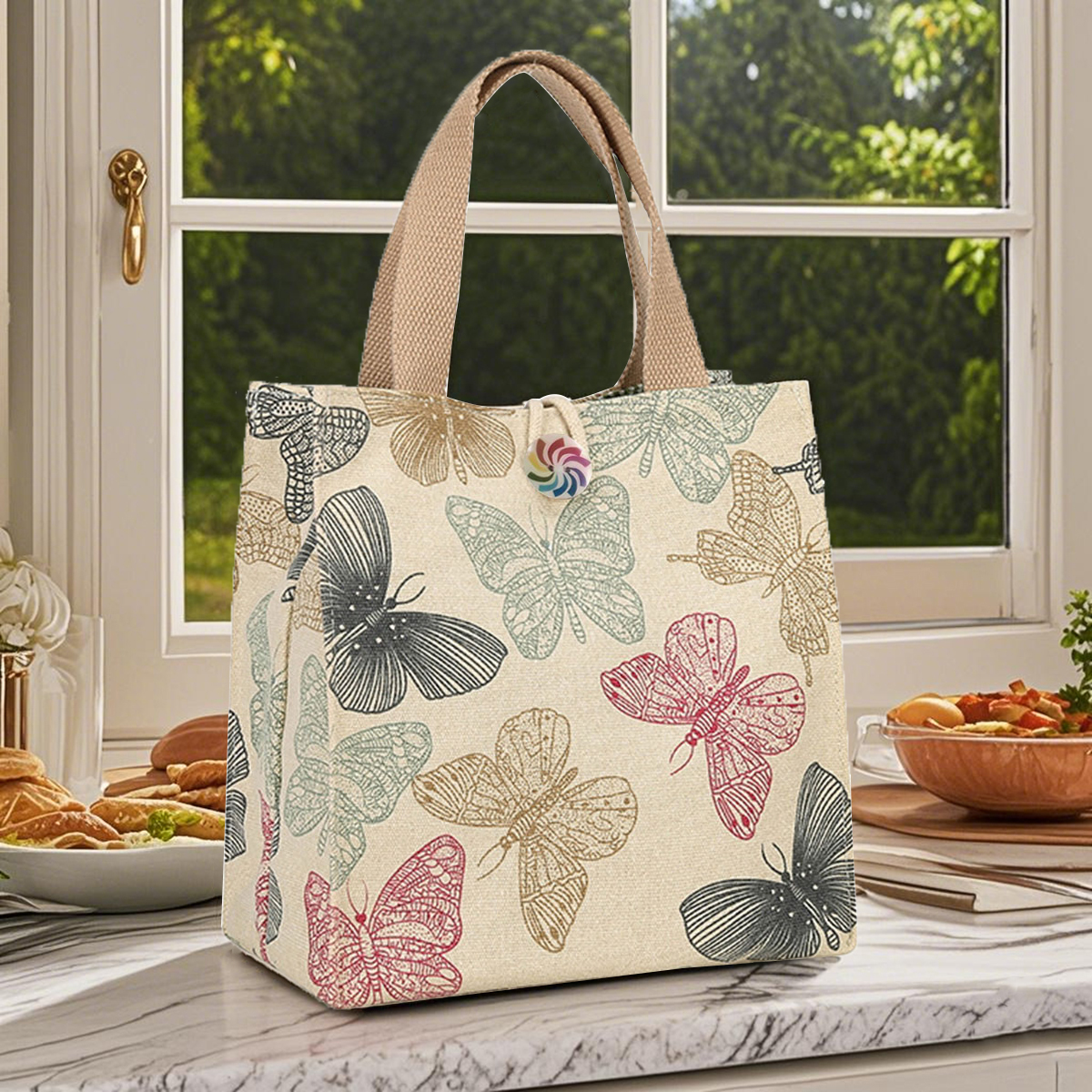 Borsa Bento Portatile in Tela Bianca con Stampa a Farfalle Casual, Borsa a Mano alla Moda, Tote Bag, Confezione Singola