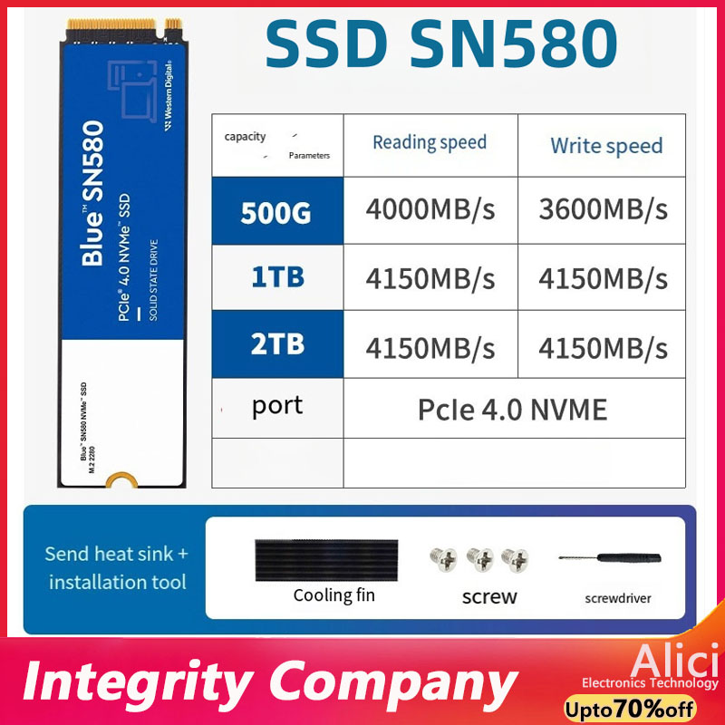 Оригинальный внутренний твердотельный накопитель WD SSD SN580 NVMe Blue 2 ТБ 1 ТБ 500 ГБ PCIe 4,0*4 M.2 2280 для ноутбуков ПК