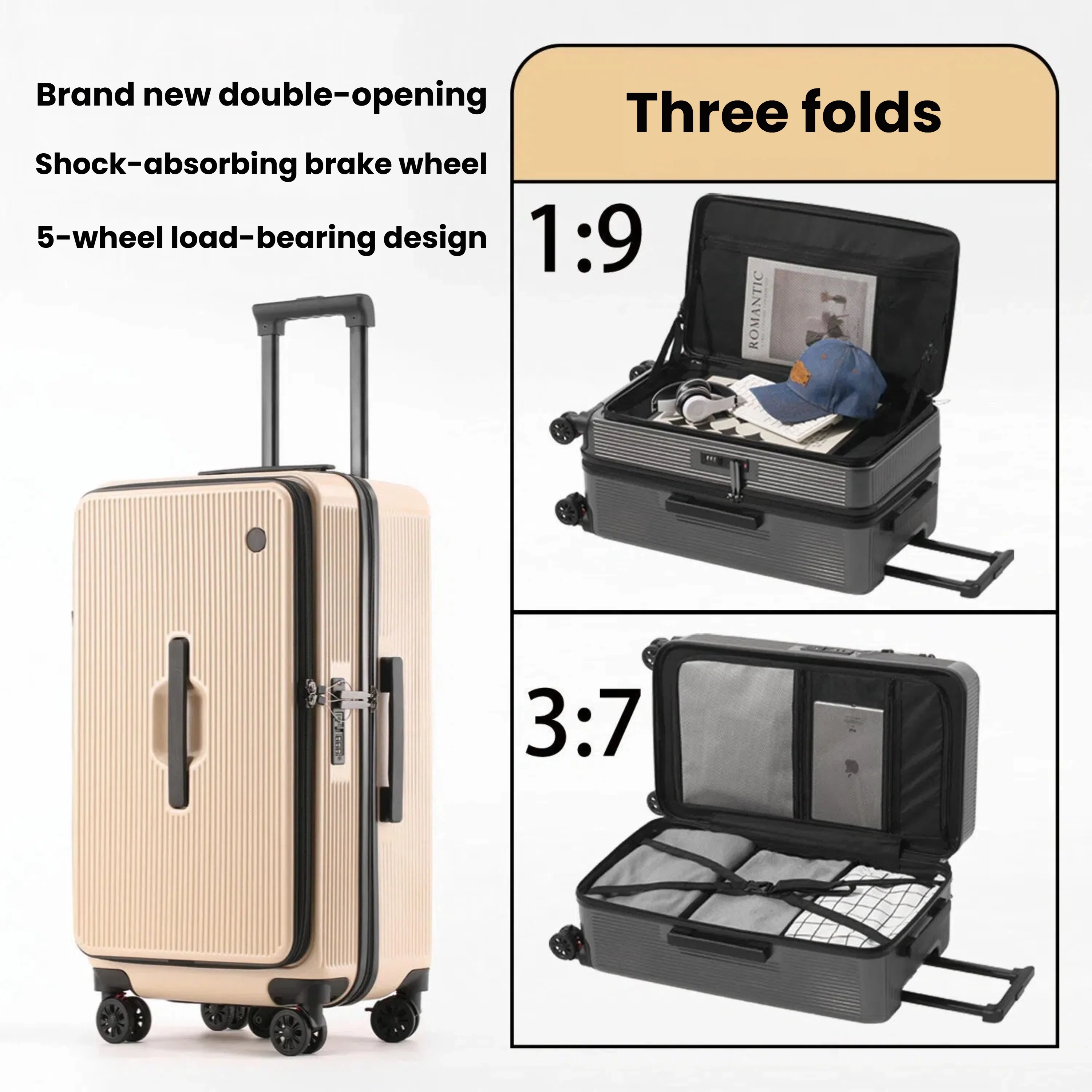 Koper Premium Pure PC Dual-Open 20/25/29 Inch dengan Kunci TSA, Rasio Pembagian 1:9/3:7, Koper Spinner 4/5 Roda untuk Semua Perjalanan