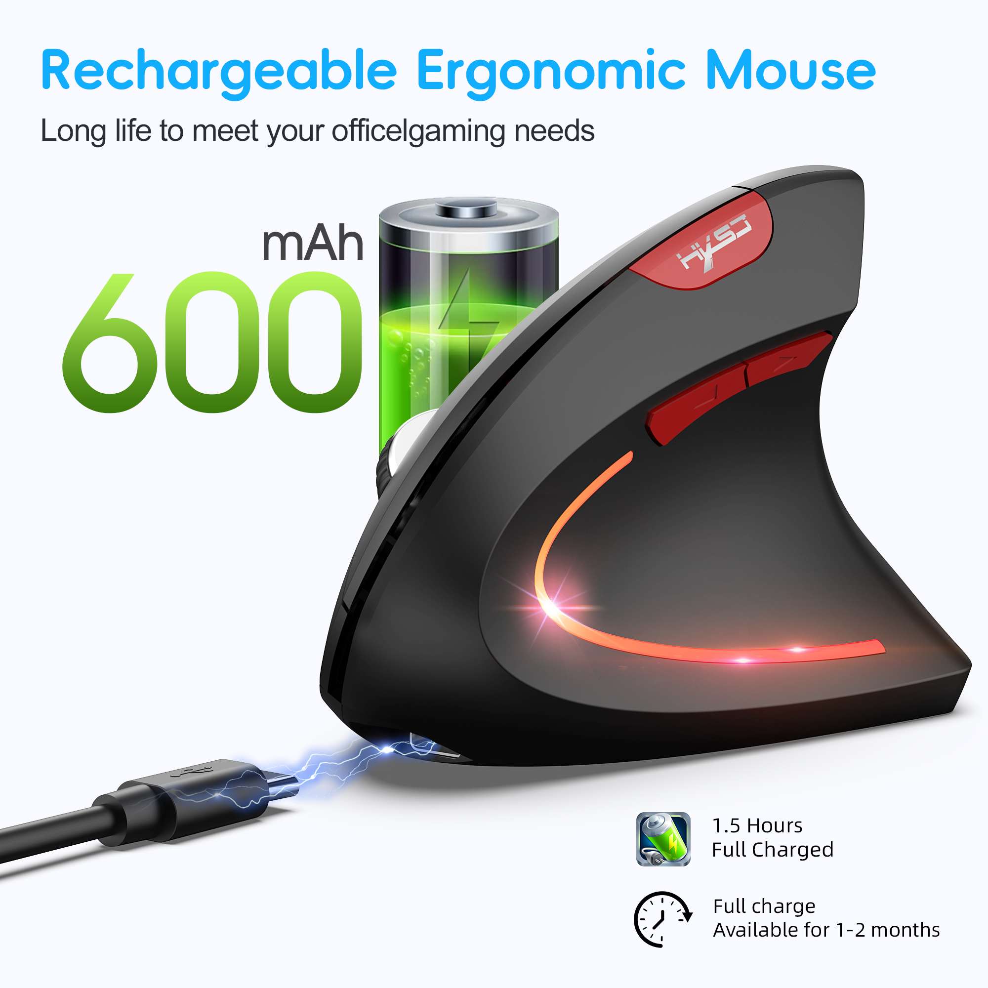 Souris verticale ergonomique HXSJ double mode, nouvelle, en ABS, rechargeable 600 mAh, 2400 DPI, interface Type-C, sans fil, pour ordinateur portable - Offre Spéciale