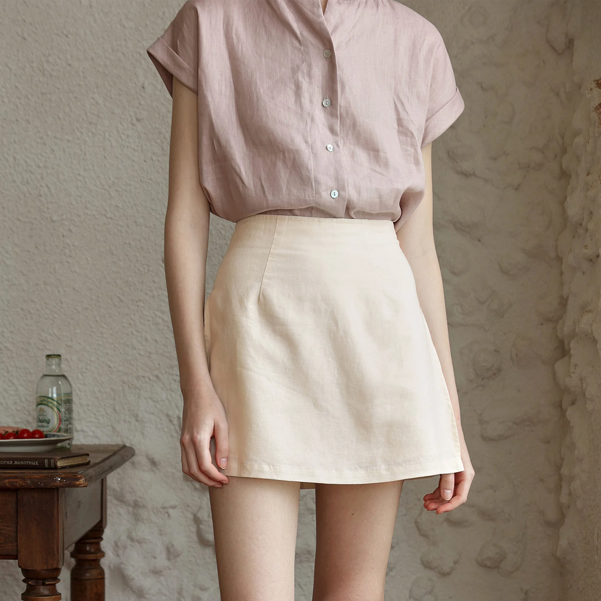 Shorts retos de algodão de linho de camada dupla feminino, saias laterais divididas, saias casuais finas, roupas chiques, dois falsos, estilo japonês