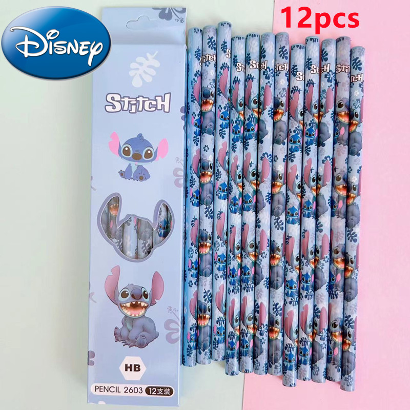 Lápices de dibujos animados de Disney para niños, suministros escolares de goma, rodillo Hb, regalo de cumpleaños, 12 piezas