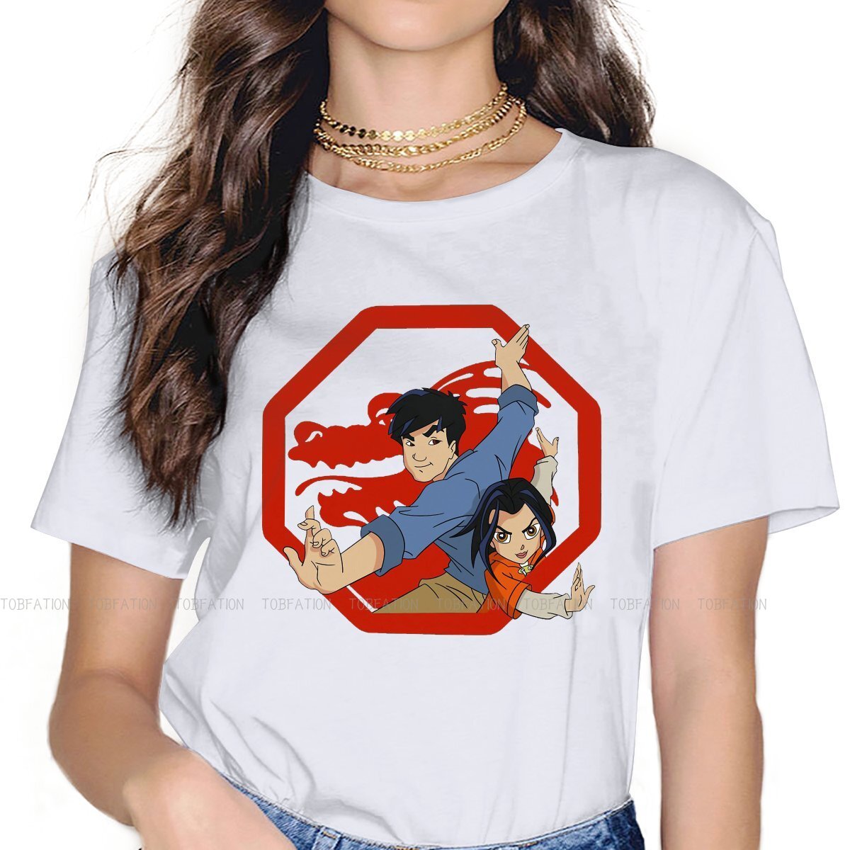 Camiseta básica de algodón puro para mujer, camisa con cuello redondo de las aventuras de Jackie Chan