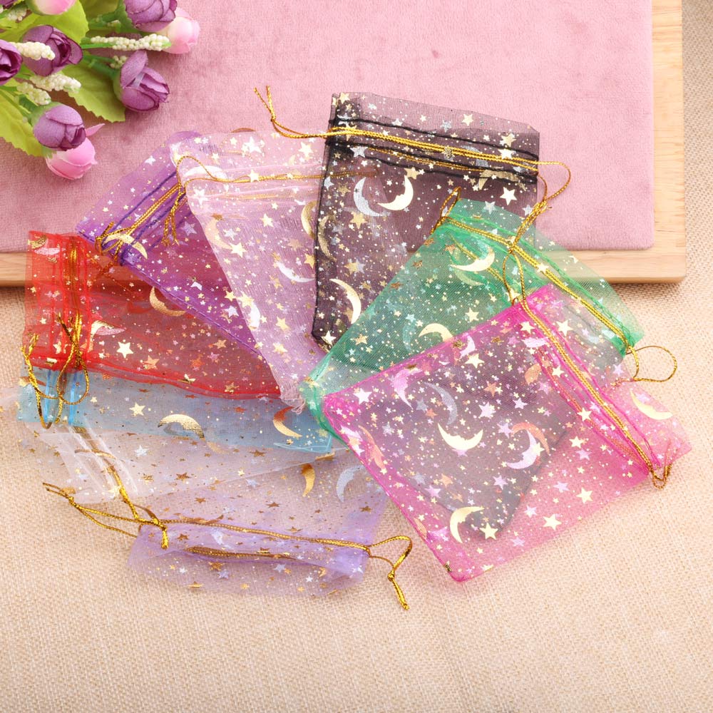 25/50 pçs 7x 9/9x1 2/10x1 5/13x18cm estrela lua organza sacos de presente mini saquinho cor dourada saco com cordão bolsas de embalagem de jóias