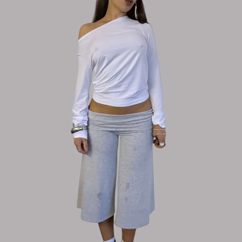 Celana Capri Wanita Low Rise Lipat, Celana Yoga Capri Lembut Nyaman, Celana Capri Kulot Lebar