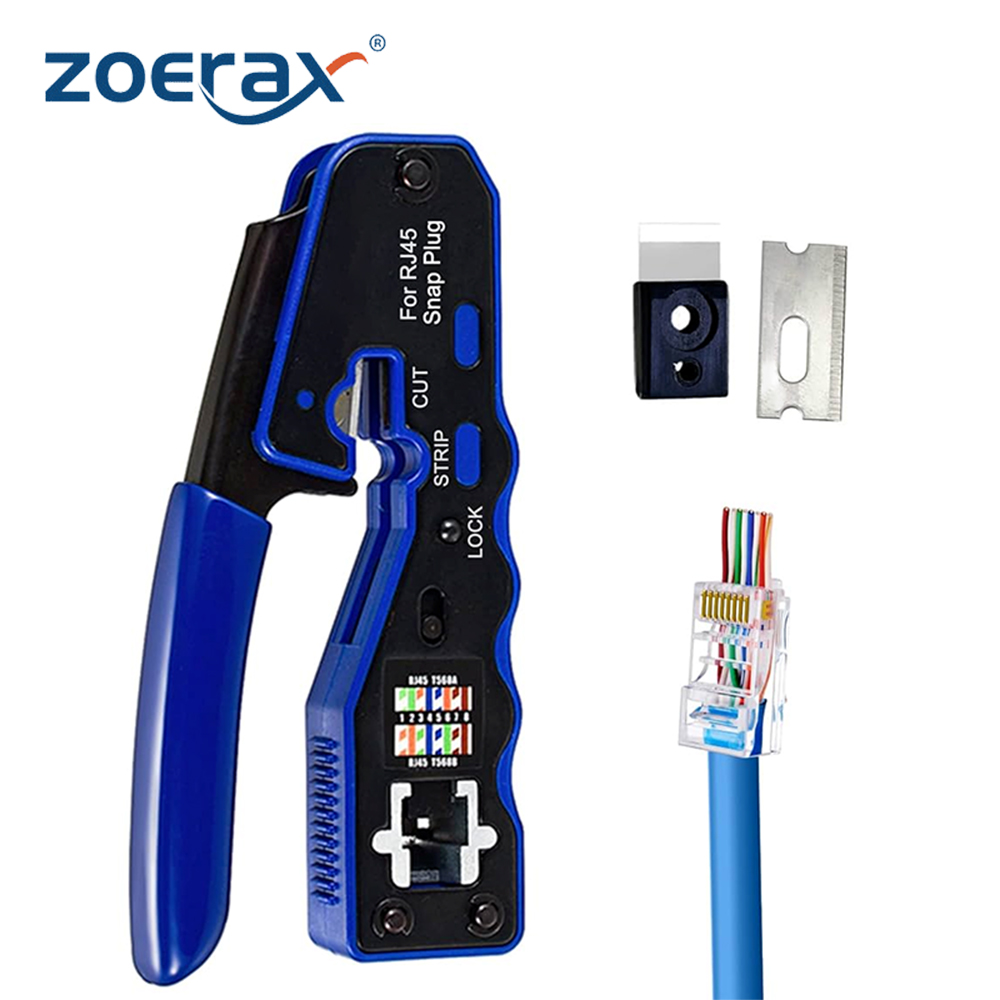 ZOERAX RJ45 Crimp Tool Ethernet Crimping Tool All-in-one Crimper For Pass Through Cat6 Cat5e Connectors With Replacement Blades